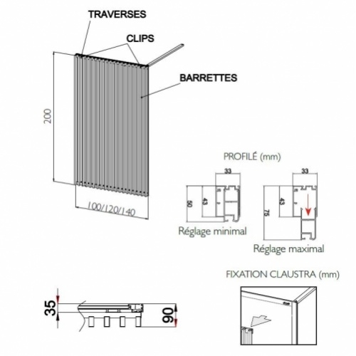 Paroi walk in CLAUSTRA Noir et Effet Bois 140 cm CLAUSTRA Schéma Paroi walk in CLAUSTRA Noir et Effet Bois 140 cm CLAUSTRA Schéma
