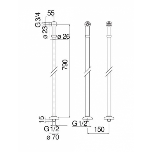Mélangeur bain-douche sur colonnes rétro GRAZIA chromé Schéma Mélangeur bain-douche sur colonnes rétro GRAZIA chromé Schéma