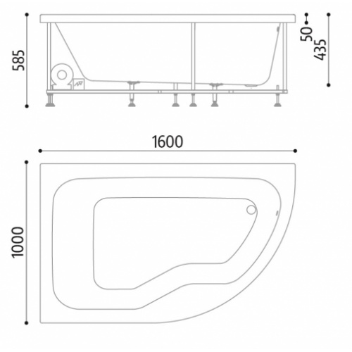Pack baignoire POP asymétrique 160x100 angle à gauche avec tablier Pop_160x100_dessign techique Pack baignoire POP asymétrique 160x100 angle à gauche avec tablier Pop_160x100_dessign techique