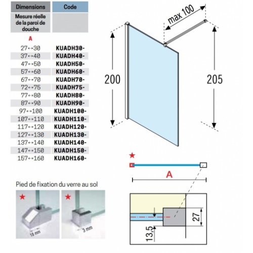 Paroi de douche Fixe KUADRA H Transparent 150cm - Profilé Or Brossé KUADRA H Dimensions Paroi de douche Fixe KUADRA H Transparent 150cm - Profilé Or Brossé KUADRA H Dimensions