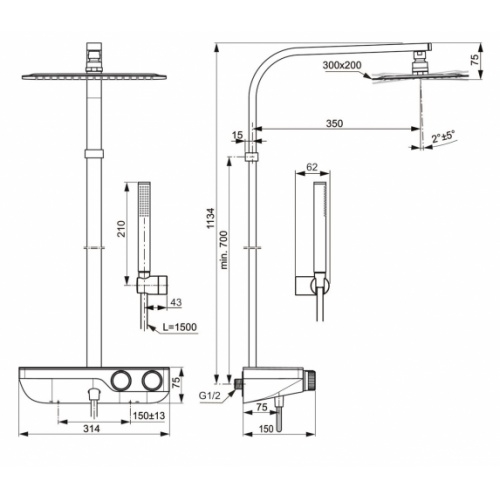 Colonne de douche thermostatique Ceratherm S200 Rectangulaire A7332_Schéma Colonne de douche thermostatique Ceratherm S200 Rectangulaire A7332_Schéma