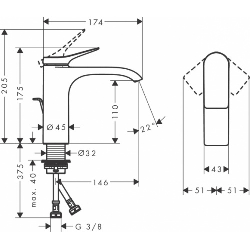 Mitigeur de lavabo VIVENIS 110 bec cascade Chromé avec vidage tirette* 75020000 Schéma Mitigeur de lavabo VIVENIS 110 bec cascade Chromé avec vidage tirette* 75020000 Schéma