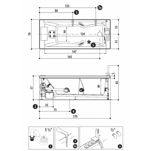 Baignoire balnéo SHARP 170x70 cm - Aquasystem - Tête à Gauche Sharp 170x70 Gauche Schéma
