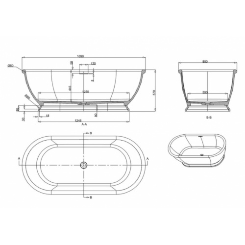 Baignoire îlot ALBANY rétro en pierre naturelle 170x80cm Arcade schéma