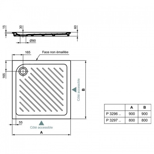 Receveur ULYSSE+ à encastrer en céramique - 90x90cm Schéma P3296-P3297 porcher Receveur ULYSSE+ à encastrer en céramique - 90x90cm Schéma P3296-P3297 porcher