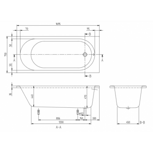 Baignoire rectangulaire O.NOVO Solo 170x75cm SANS Tablier UBA170CAS2V Baignoire rectangulaire O.NOVO Solo 170x75cm SANS Tablier UBA170CAS2V