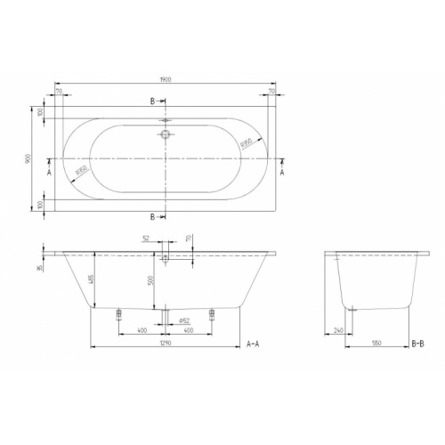 Baignoire rectangulaire O.NOVO Duo 190x90cm SANS Tablier UBA190CAS2V-01 Baignoire rectangulaire O.NOVO Duo 190x90cm SANS Tablier UBA190CAS2V-01