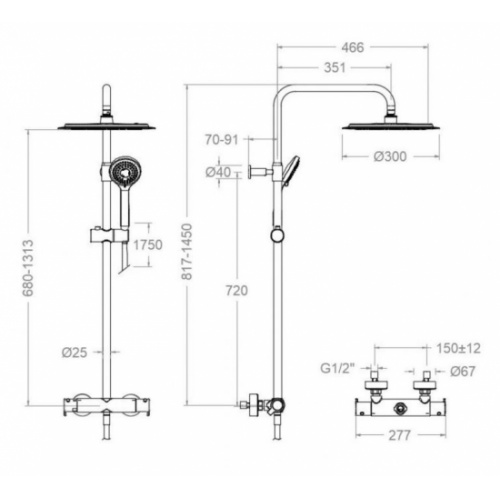 Pack Paroi Atelier 140 + Receveur 160x90 + Colonne de douche 945412 RP300NM Schéma