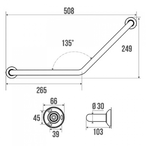 Barre d'appui coudée 135°, symétrique, 265 x 265 mm Schéma 049220 Barre d'appui coudée 135°, symétrique, 265 x 265 mm Schéma 049220