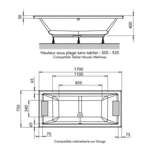 Baignoire en toplax QUADRA - Vidage central - 170x75cm QUADRA 170