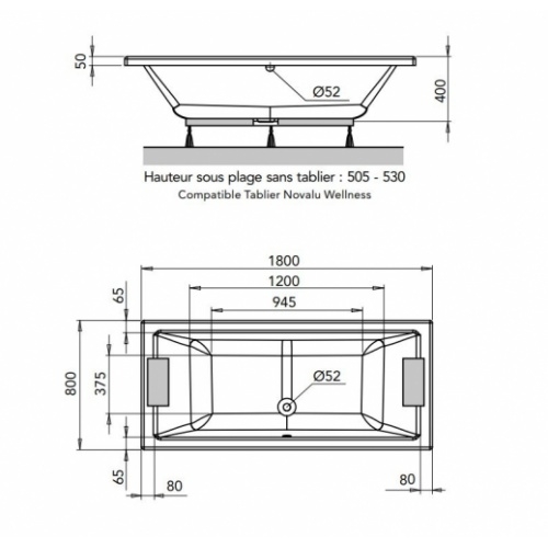 Baignoire en toplax QUADRA - Vidage central - 180x80cm QUADRA 180
