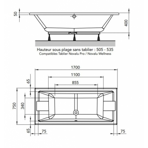 Baignoire en Toplax PREFIXE DUO - Repose-têtes intégrés - 170x75cm 199091 Schéma Baignoire en Toplax PREFIXE DUO - Repose-têtes intégrés - 170x75cm 199091 Schéma
