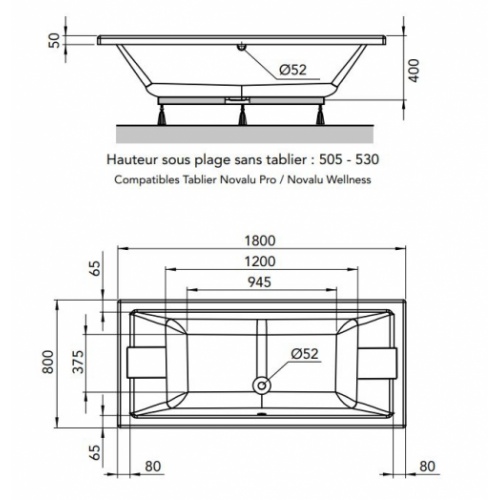 Baignoire en Toplax PREFIXE DUO - Repose-têtes intégrés - 180x80cm 199092 Schéma
