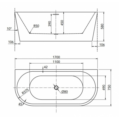 Baignoire autoportante PHILOA murale - 170x75 cm 823040 Schéma Baignoire autoportante PHILOA murale - 170x75 cm 823040 Schéma