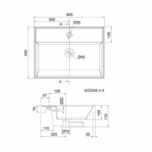 Vasque semi-encastrée TEOREMA 2.0 L60 Blanc brillant 5109_Schéma Vasque semi-encastrée TEOREMA 2.0 L60 Blanc brillant 5109_Schéma