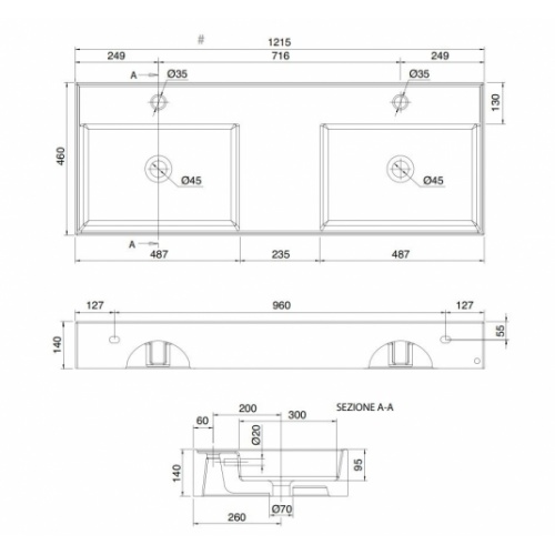 Vasque à poser ou à suspendre TEOREMA 2.0 120 cm - Double vasque 5143_Schéma Vasque à poser ou à suspendre TEOREMA 2.0 120 cm - Double vasque 5143_Schéma