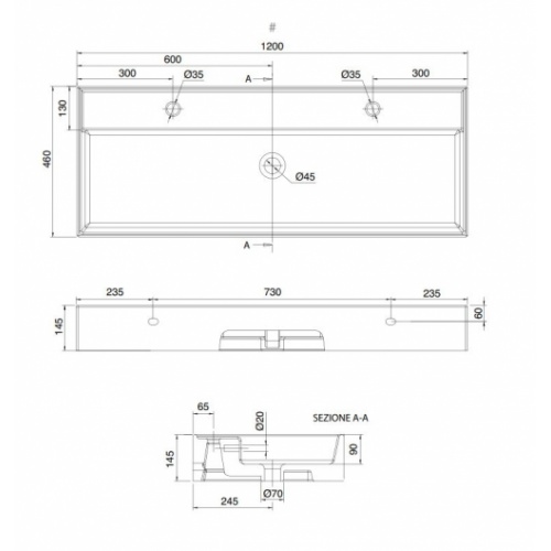 Vasque à poser ou à suspendre TEOREMA 2.0 120 cm - 1 trou - Noir Mat 5107R-120B Schéma Vasque à poser ou à suspendre TEOREMA 2.0 120 cm - 1 trou - Noir Mat 5107R-120B Schéma