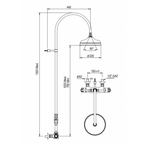 Colonne de douche thermostatique rétro JULIA Chromé 01796-Schéma Colonne de douche thermostatique rétro JULIA Chromé 01796-Schéma
