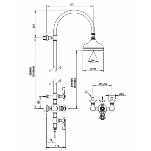 Colonne de douche thermostatique rétro JULIA Chromé 01-744Schéma Colonne de douche thermostatique rétro JULIA Chromé 01-744Schéma