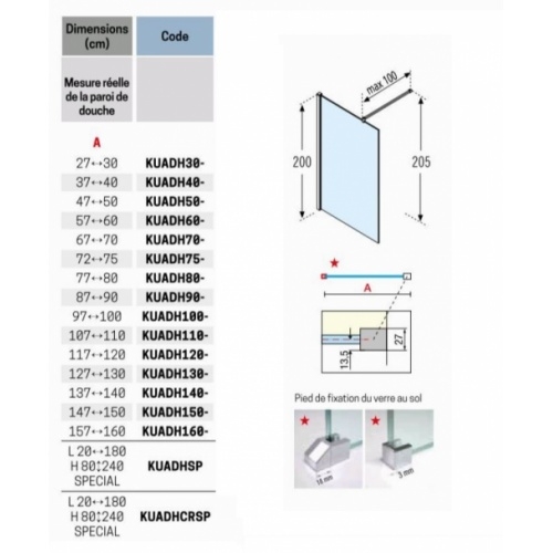 Paroi de douche Fixe + Volet pivotant KUADRA H2 130+37 sérigraphié KUADRA Tailles Paroi de douche Fixe + Volet pivotant KUADRA H2 130+37 sérigraphié KUADRA Tailles