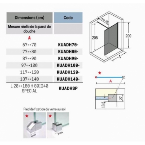 Paroi de douche Fixe KUADRA H FUME 100 cm - Profilé Noir KUADRA Fumée Taille Paroi de douche Fixe KUADRA H FUME 100 cm - Profilé Noir KUADRA Fumée Taille