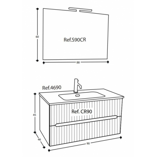 Meuble de salle de bains CIRCE Frêne naturel 90 cm - Comp. 1 CIRCE Compo 1 Schéma Meuble de salle de bains CIRCE Frêne naturel 90 cm - Comp. 1 CIRCE Compo 1 Schéma