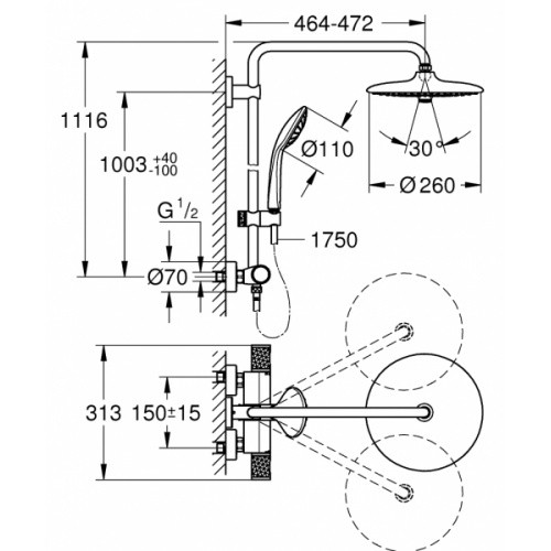 Colonne de douche thermostatique EUPHORIA SYSTEM 260 27615002_Schéma Colonne de douche thermostatique EUPHORIA SYSTEM 260 27615002_Schéma
