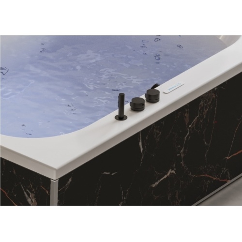 Robinetterie thermostatique GAMMA Noir Mat Bossanova_tablier marbre noir et cuivre_robinetterie noire Robinetterie thermostatique GAMMA Noir Mat Bossanova_tablier marbre noir et cuivre_robinetterie noire