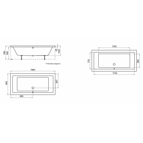Pack baignoire NUBEA 190x90 avec tablier Façade NUBEA 190 Schéma Pack baignoire NUBEA 190x90 avec tablier Façade NUBEA 190 Schéma
