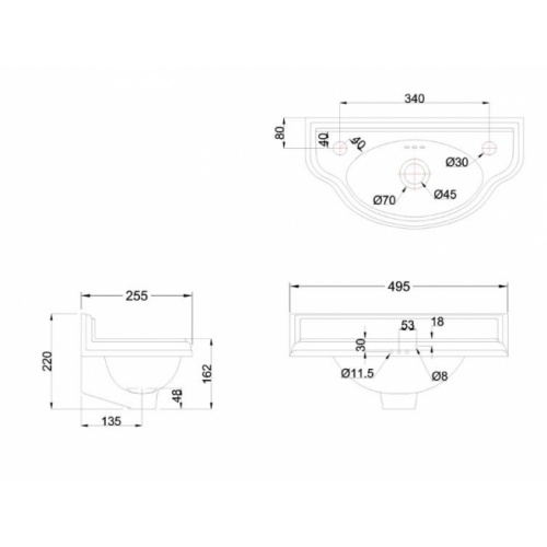 Lave-mains Rétro Arrondi Burlington - 2 Trous p13-Schéma Lave-mains Rétro Arrondi Burlington - 2 Trous p13-Schéma