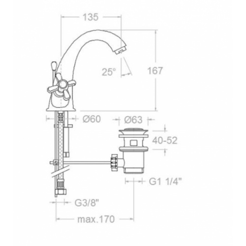 Mélangeur de lavabo rétro GAUDI avec vidage tirette - 1167** GAUDI Schéma Mélangeur de lavabo rétro GAUDI avec vidage tirette - 1167** GAUDI Schéma