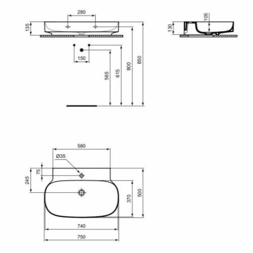 Vasque à poser ou à suspendre LINDA-X Blanc brillant T4991 Schéma Vasque à poser ou à suspendre LINDA-X Blanc brillant T4991 Schéma