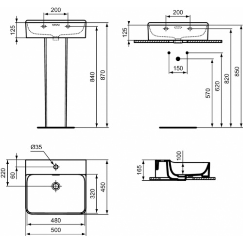 Lavabo en grès fin CONCA rectifié 50x45cm Blanc brillant Conca-T3812 Schéma Lavabo en grès fin CONCA rectifié 50x45cm Blanc brillant Conca-T3812 Schéma