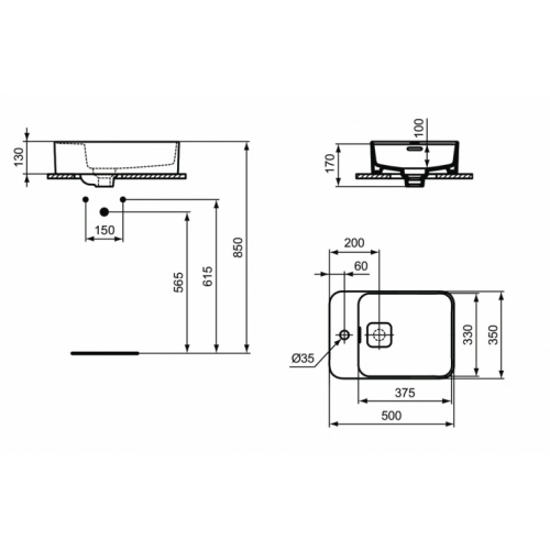 Vasque à poser avec plage STRADA II 50x35 cm Blanc brillant T2964 Schéma Vasque à poser avec plage STRADA II 50x35 cm Blanc brillant T2964 Schéma