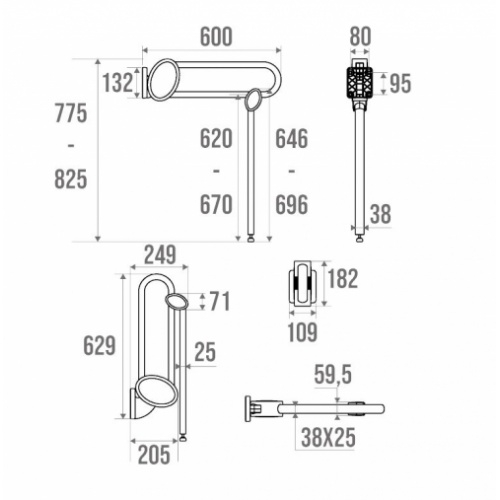 Barre relevable adaptée PMR et Séniors avec béquille de soutien Blanc - 600 mm 048661_Schéma Barre relevable adaptée PMR et Séniors avec béquille de soutien Blanc - 600 mm 048661_Schéma