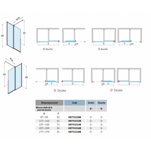 Paroi de douche coulissante H STYLE Noir - Droite - 180cm H STYLE_Schéma Paroi de douche coulissante H STYLE Noir - Droite - 180cm H STYLE_Schéma
