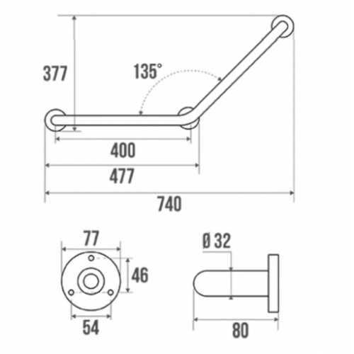 Barre d'appui coudée 135° Inox poli brillant adaptée PMR et Séniors - 3 points de fixation 000135 Schéma Barre d'appui coudée 135° Inox poli brillant adaptée PMR et Séniors - 3 points de fixation 000135 Schéma