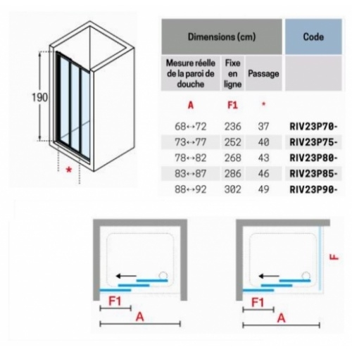 Paroi RIVIERA 3P avec 2 portes coulissantes + 1 fixe en alignement - Silver - Riviera - 90 cm RIVIERA 3P Schéma Paroi RIVIERA 3P avec 2 portes coulissantes + 1 fixe en alignement - Silver - Riviera - 90 cm RIVIERA 3P Schéma