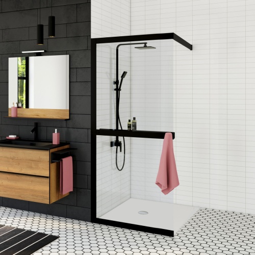 Paroi walk-in LEXIE avec étagère et porte-serviette - 80cm Paroi walk-in LEXIE avec étagère et porte-serviette - 80cm