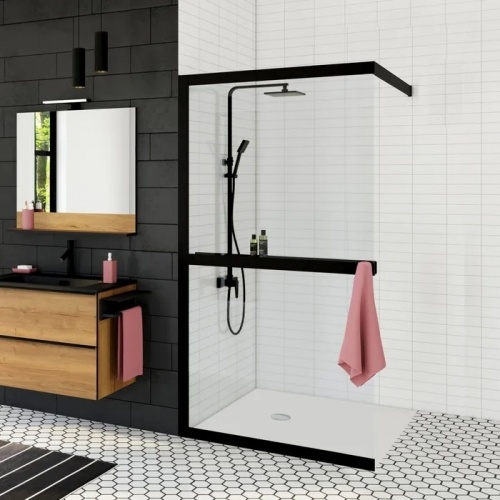 Paroi walk-in LEXIE avec étagère et porte-serviette - 100cm Paroi walk-in LEXIE avec étagère et porte-serviette - 100cm
