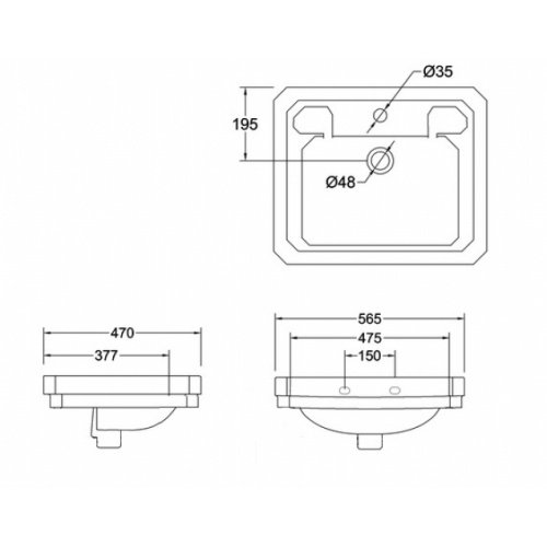 Vasque en céramique VICTORIAN 56 cm - 1 trou B2 1TH Schéma Vasque en céramique VICTORIAN 56 cm - 1 trou B2 1TH Schéma