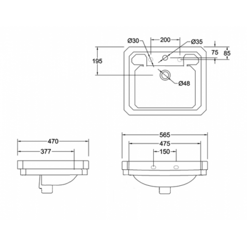 Vasque en céramique VICTORIAN 56 cm - 3 trous B2 3TH Schéma Vasque en céramique VICTORIAN 56 cm - 3 trous B2 3TH Schéma