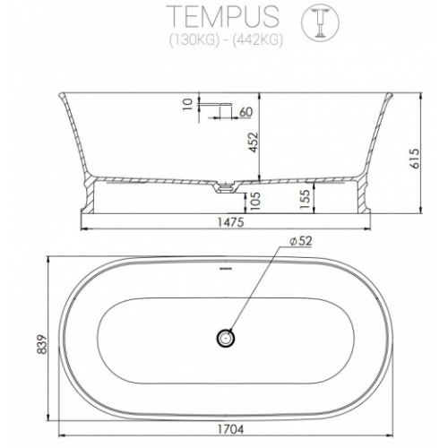 Baignoire en Acrystone TEMPUS Blanc mat TEMPUS Schéma Baignoire en Acrystone TEMPUS Blanc mat TEMPUS Schéma