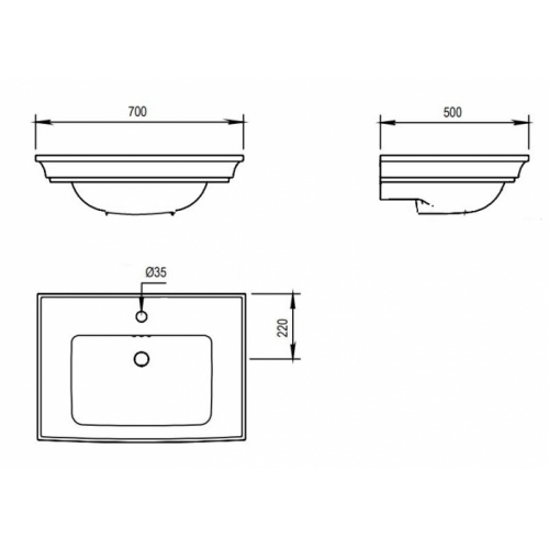 Lavabo en céramique rétro ASCOTT 70cm - 1 trou 68215E2 Schéma Lavabo en céramique rétro ASCOTT 70cm - 1 trou 68215E2 Schéma