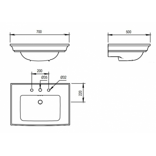 Lavabo en céramique rétro ASCOTT 70cm - 3 trous 68205E2 Schéma