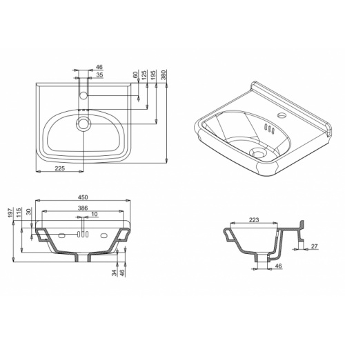 Lave-mains GUILD 45 cm - 1 Trou de robinetterie Basin GUILD 450 Schéma