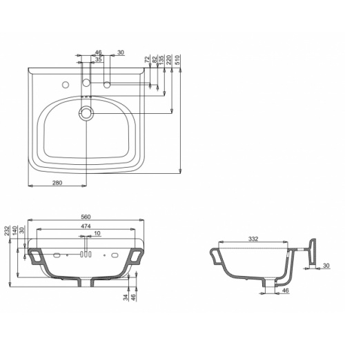 Vasque en céramique rétro GUILD 56cm - 3 Trous de robinetterie GU0561SCW Schéma Vasque en céramique rétro GUILD 56cm - 3 Trous de robinetterie GU0561SCW Schéma