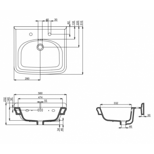 Vasque en céramique rétro GUILD 56cm - 2 trous de robinetterie GU0562SCW Schéma Vasque en céramique rétro GUILD 56cm - 2 trous de robinetterie GU0562SCW Schéma