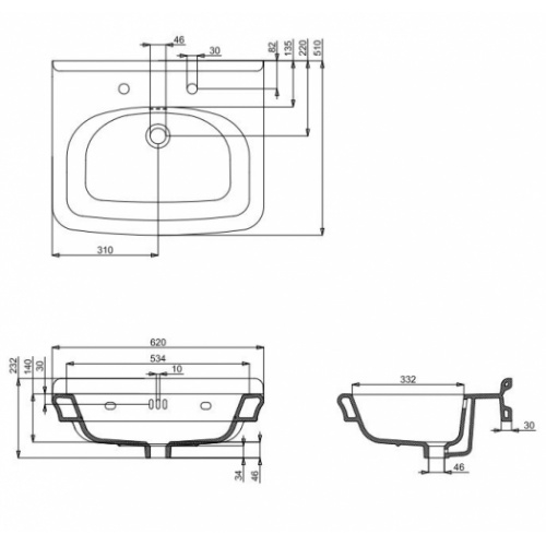 Vasque en céramique rétro GUILD 62cm - 2 trous de robinetterie GU0622SCW Schéma Vasque en céramique rétro GUILD 62cm - 2 trous de robinetterie GU0622SCW Schéma