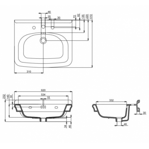 Vasque en céramique rétro GUILD 62cm - 3 Trous de robinetterie GU0623SCW Schéma Vasque en céramique rétro GUILD 62cm - 3 Trous de robinetterie GU0623SCW Schéma